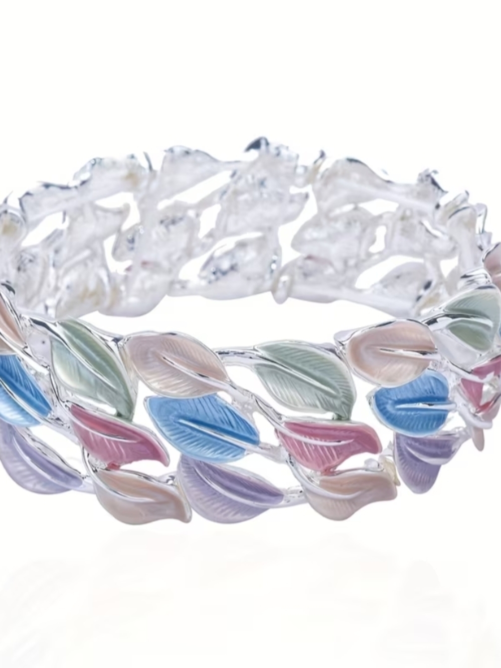 Pastel Leaf Silver-Tone Stretch Bracelet